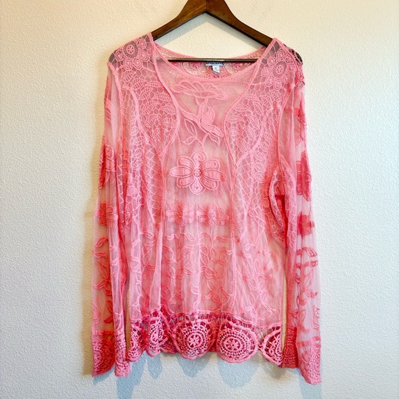 Blair XL Pink Lace Sheer Embroidered Floral Crochet Fairy Coquette Boho Top - Picture 1 of 10